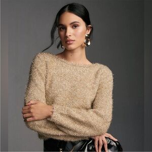 Anthropologie Metallic Fluffy Eyelash Sweater Open Back Tan Shimmer Medium
